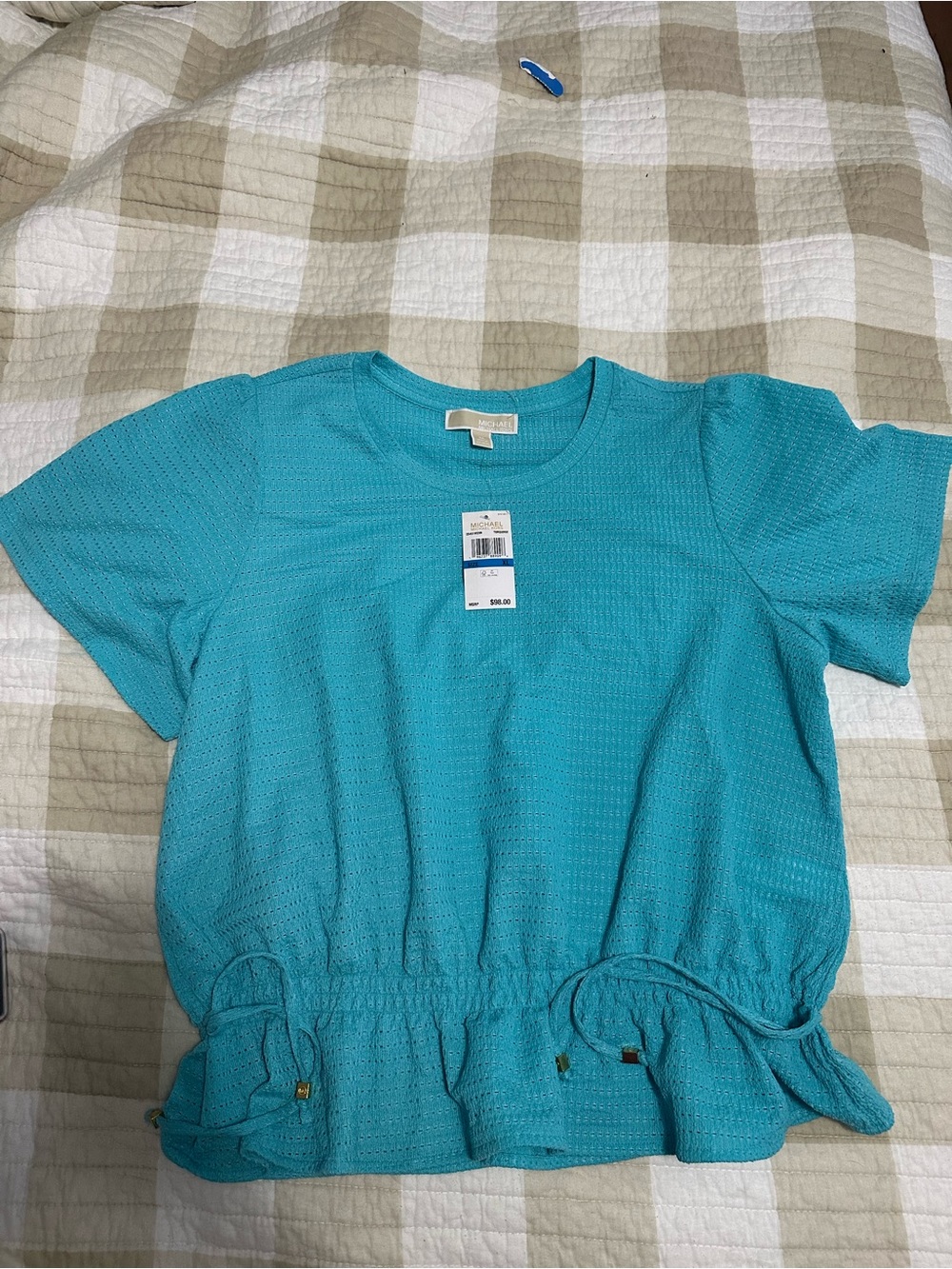 Michael Kors Teal Short-Sleeve Drawstring Peplum Top